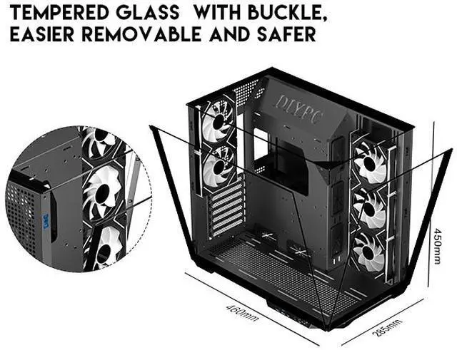 Alt view image 6 of 16 - DIYPC  ARGB-DC800-BK Black Dual USB3.0 and Type C Tempered Glass ATX Mid Tower Gaming Computer Case w/ 5 x ARGB PWM Fans (3 x MB Side, 2 x Rear) Pre-Installed. Support BTF Back Plug MB