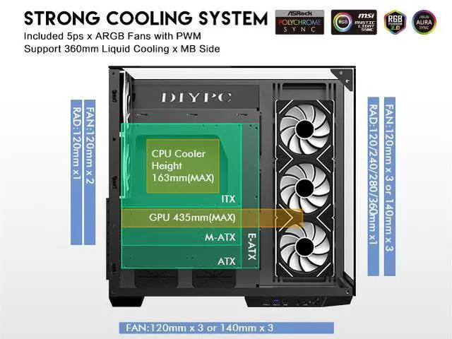 Alt view image 8 of 16 - DIYPC  ARGB-DC800-BK Black Dual USB3.0 and Type C Tempered Glass ATX Mid Tower Gaming Computer Case w/ 5 x ARGB PWM Fans (3 x MB Side, 2 x Rear) Pre-Installed. Support BTF Back Plug MB