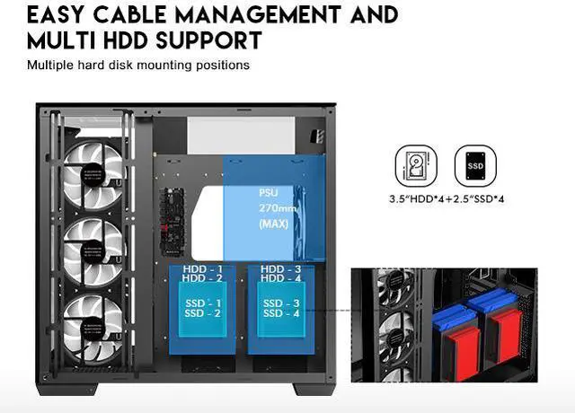 Alt view image 9 of 16 - DIYPC  ARGB-DC800-BK Black Dual USB3.0 and Type C Tempered Glass ATX Mid Tower Gaming Computer Case w/ 5 x ARGB PWM Fans (3 x MB Side, 2 x Rear) Pre-Installed. Support BTF Back Plug MB