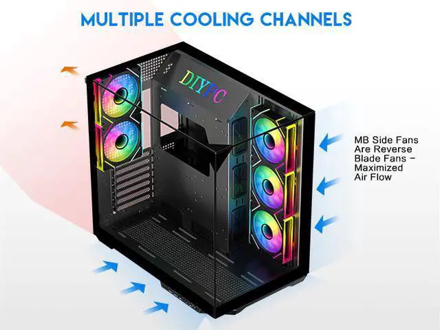 Alt view image 10 of 16 - DIYPC  ARGB-DC800-BK Black Dual USB3.0 and Type C Tempered Glass ATX Mid Tower Gaming Computer Case w/ 5 x ARGB PWM Fans (3 x MB Side, 2 x Rear) Pre-Installed. Support BTF Back Plug MB
