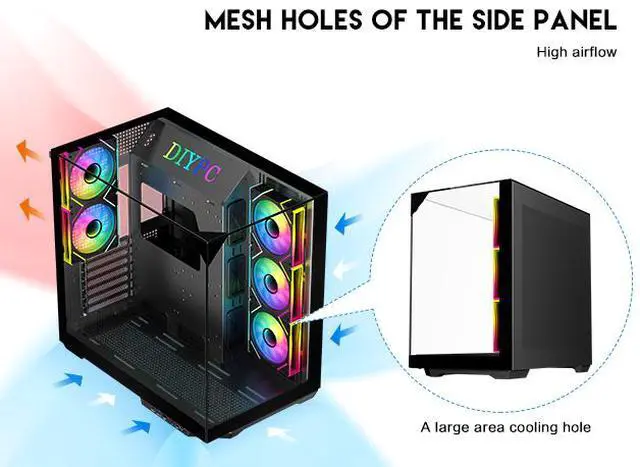 Alt view image 11 of 16 - DIYPC  ARGB-DC800-BK Black Dual USB3.0 and Type C Tempered Glass ATX Mid Tower Gaming Computer Case w/ 5 x ARGB PWM Fans (3 x MB Side, 2 x Rear) Pre-Installed. Support BTF Back Plug MB