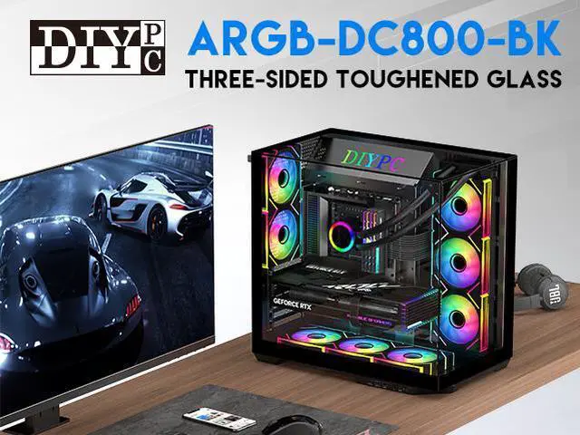 Alt view image 3 of 16 - DIYPC  ARGB-DC800-BK Black Dual USB3.0 and Type C Tempered Glass ATX Mid Tower Gaming Computer Case w/ 5 x ARGB PWM Fans (3 x MB Side, 2 x Rear) Pre-Installed. Support BTF Back Plug MB