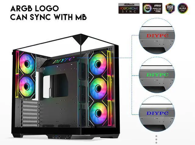 Alt view image 5 of 16 - DIYPC  ARGB-DC800-BK Black Dual USB3.0 and Type C Tempered Glass ATX Mid Tower Gaming Computer Case w/ 5 x ARGB PWM Fans (3 x MB Side, 2 x Rear) Pre-Installed. Support BTF Back Plug MB
