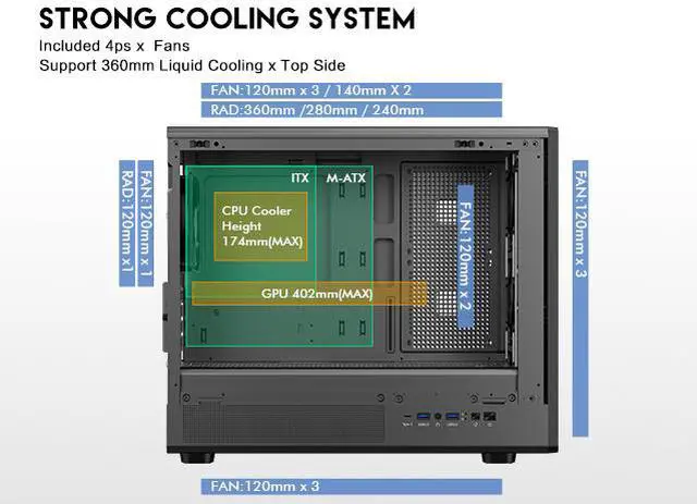Alt view image 7 of 15 - DIYPC DIY-mATX06-Wood Black USB3.0 /Type C Micro ATX Mid Tower Gaming Computer Case w/ Tempered Glass Side Panel and Walnut Wood Front Panel / 4 x PWM Fans Pre-Installed