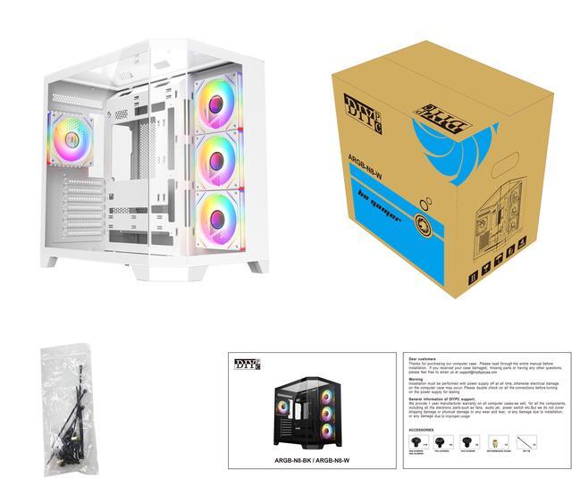Alt view image 8 of 8 - DIYPC ARGB-N8-W White Dual USB3.0/ 1 xType C Tempered Glass ATX Gaming Computer Case w/ 4 xTempered Glass Panel and 4 x ARGB PWM Fans (Pre-Installed)