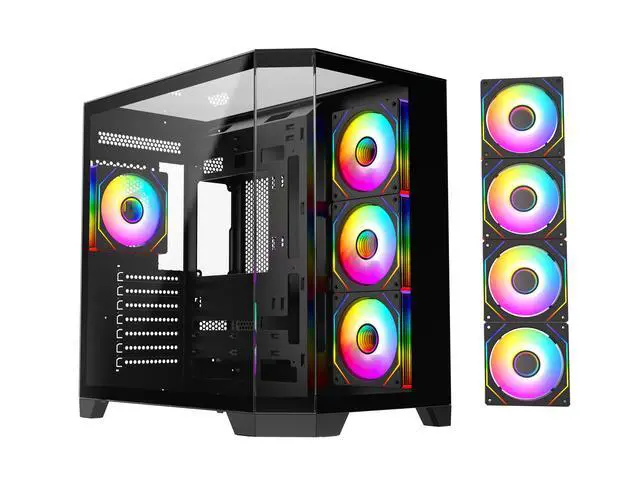 Main image of DIYPC ARGB-N8-BK Black Dual USB3.0/ 1 xType C Tempered Glass ATX Gaming Computer Case w/ 4 x Tempered Glass Panel and 4 x ARGB PWM Fans (Pre-Installed)