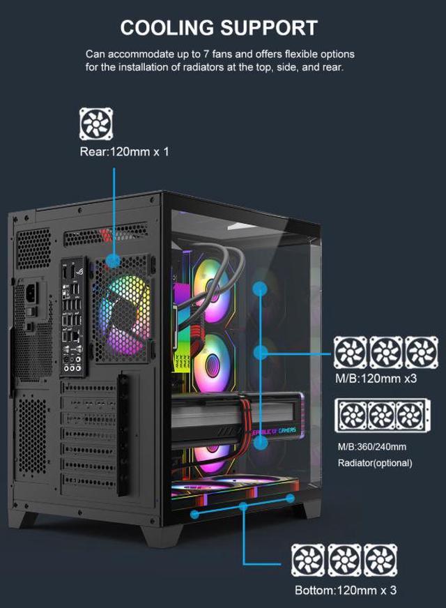 Alt view image 7 of 16 - DIYPC ARGB-N8-BK Black Dual USB3.0/ 1 xType C Tempered Glass ATX Gaming Computer Case w/ 4 x Tempered Glass Panel and 4 x ARGB PWM Fans (Pre-Installed)