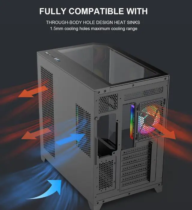 Alt view image 9 of 16 - DIYPC ARGB-N8-BK Black Dual USB3.0/ 1 xType C Tempered Glass ATX Gaming Computer Case w/ 4 x Tempered Glass Panel and 4 x ARGB PWM Fans (Pre-Installed)