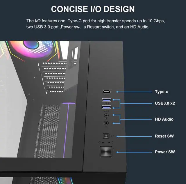 Alt view image 3 of 16 - DIYPC ARGB-N8-BK Black Dual USB3.0/ 1 xType C Tempered Glass ATX Gaming Computer Case w/ 4 x Tempered Glass Panel and 4 x ARGB PWM Fans (Pre-Installed)