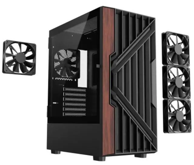 Alt view image 2 of 9 - DIYPC DIY-G18-WD Black USB3.0 /Type C ATX Mid Tower Gaming Computer Case w/ Tempered Glass Side Panel and Walnut Wood Front Panel. 4 x 120mm PWM Fan Pre-Installed
