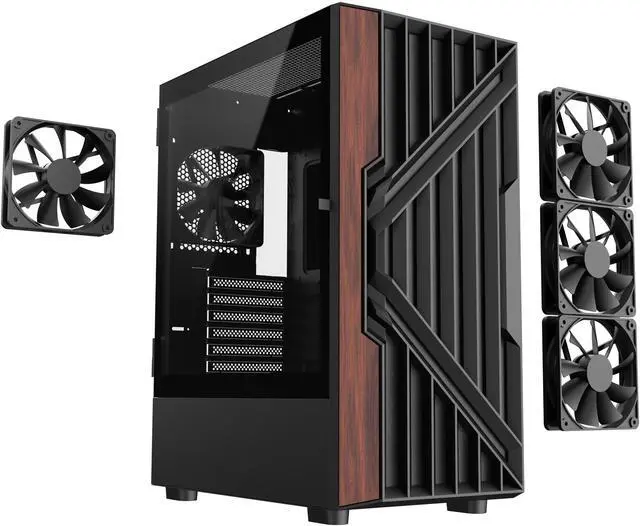 Alt view image 2 of 9 - DIYPC DIY-G18-WD Black USB3.0 /Type C ATX Mid Tower Gaming Computer Case w/ Tempered Glass Side Panel and Walnut Wood Front Panel. 4 x 120mm PWM Fan Pre-Installed