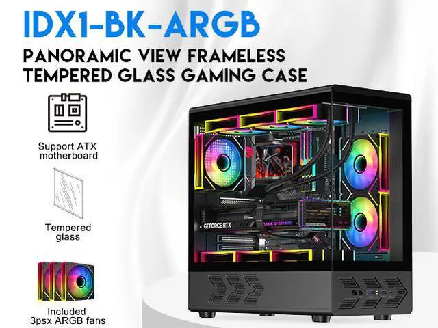 Alt view image 2 of 16 - DIYPC IDX1-BK-ARGB Black USB3.0/ Type C Tempered Glass ATX Gaming Computer Case w/ Dual Tempered Glass Panel and 3 x ARGB PWM Fans (Pre-Installed)