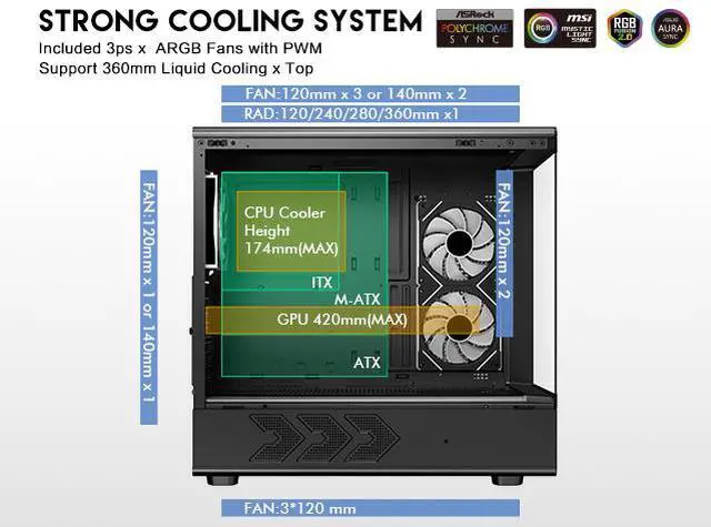 Alt view image 5 of 16 - DIYPC IDX1-BK-ARGB Black USB3.0/ Type C Tempered Glass ATX Gaming Computer Case w/ Dual Tempered Glass Panel and 3 x ARGB PWM Fans (Pre-Installed)