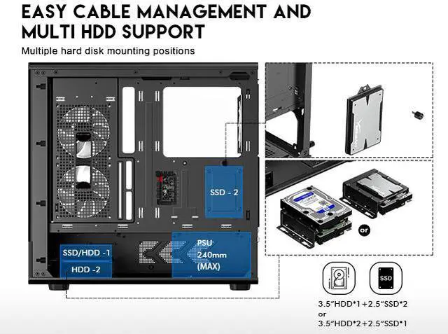 Alt view image 7 of 16 - DIYPC IDX1-BK-ARGB Black USB3.0/ Type C Tempered Glass ATX Gaming Computer Case w/ Dual Tempered Glass Panel and 3 x ARGB PWM Fans (Pre-Installed)