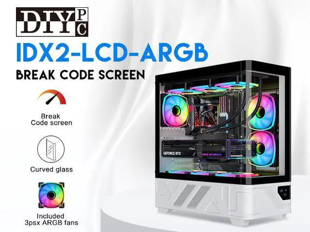 Alt view image 2 of 17 - DIYPC IDX2-LCD-ARGB Black USB3.0/Type C Curved Tempered Glass ATX Gaming Computer Case w/Integrated LCD Screen, 3 x ARGB PWM Fans (Pre-Installed)