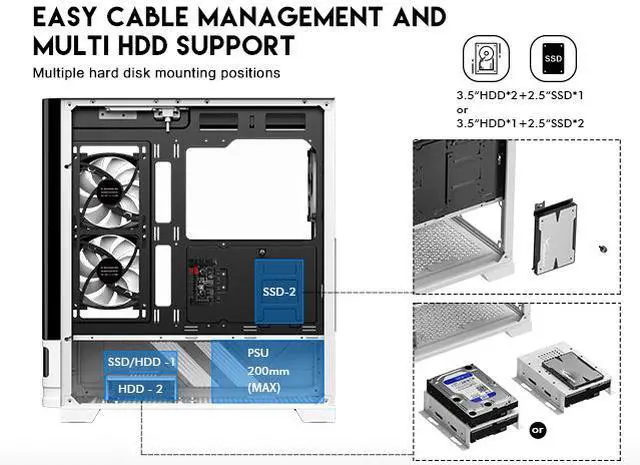 Alt view image 8 of 17 - DIYPC IDX2-LCD-ARGB Black USB3.0/Type C Curved Tempered Glass ATX Gaming Computer Case w/Integrated LCD Screen, 3 x ARGB PWM Fans (Pre-Installed)