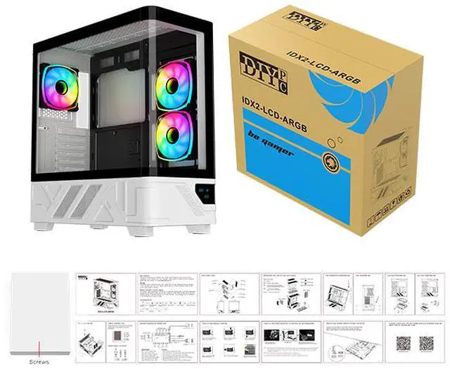 Alt view image 17 of 17 - DIYPC IDX2-LCD-ARGB Black USB3.0/Type C Curved Tempered Glass ATX Gaming Computer Case w/Integrated LCD Screen, 3 x ARGB PWM Fans (Pre-Installed)