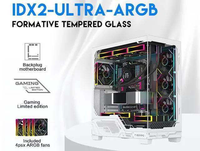 Alt view image 2 of 16 - DIYPC IDX2-Ultra-ARGB Black Dual USB3.0/ 1 x Type C Tempered Glass ATX Gaming Computer Case w/ Dual Tempered Glass Panel and 4 x ARGB PWM Fans (Pre-Installed)
