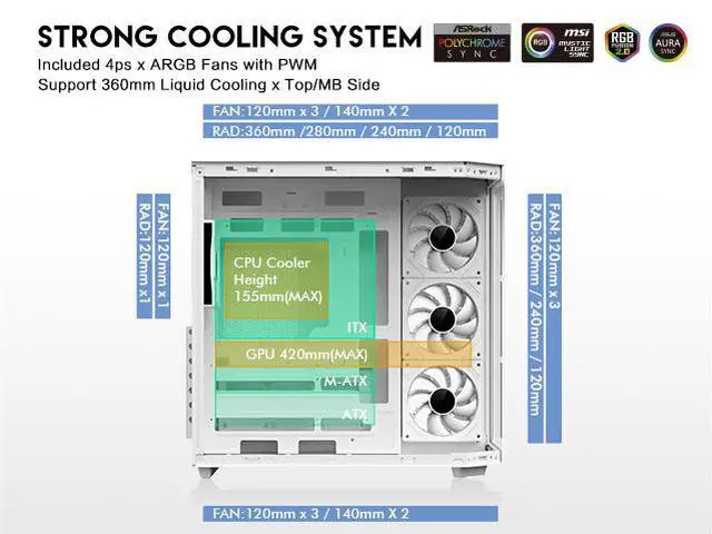 Alt view image 5 of 16 - DIYPC ARGB-N3-W White USB3.0/ Type C Tempered Glass E-ATX /ATX Gaming Computer Case w/ 3 x Tempered Glass Panel and 4 x ARGB PWM Fans (Pre-Installed).