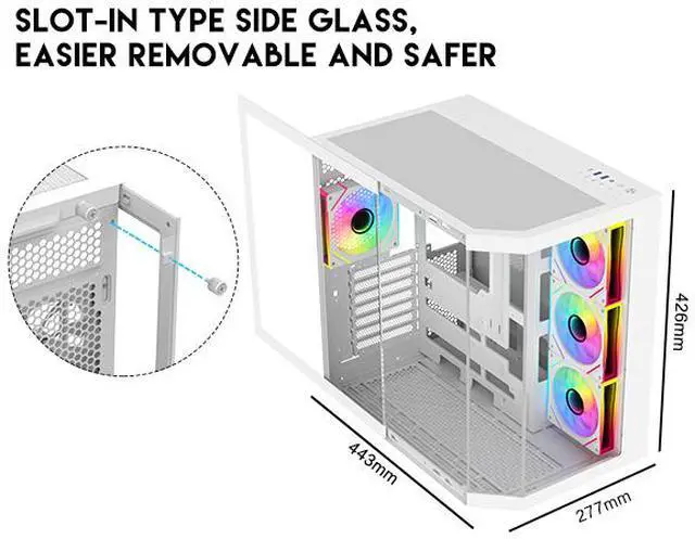 Alt view image 3 of 16 - DIYPC ARGB-N3-W White USB3.0/ Type C Tempered Glass E-ATX /ATX Gaming Computer Case w/ 3 x Tempered Glass Panel and 4 x ARGB PWM Fans (Pre-Installed).