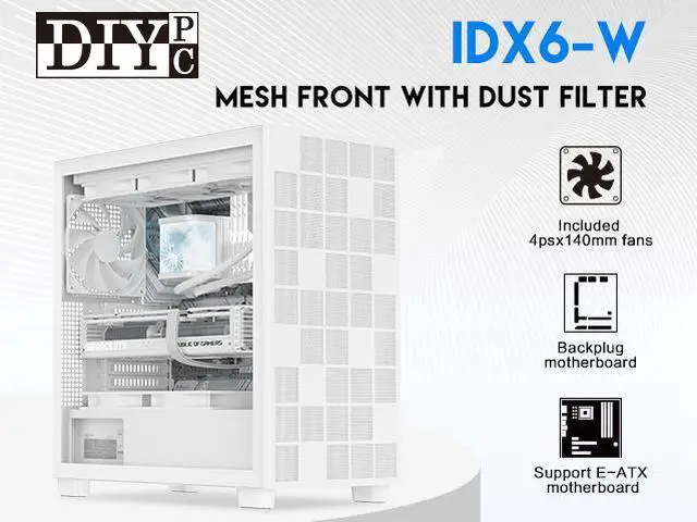 Alt view image 2 of 19 - DIYPC IDX6-W White USB3.0 /Type C ATX Mid Tower Gaming Computer Case w/ Tempered Glass Side Panel and 4 x 120mm White Fans Pre-Installed