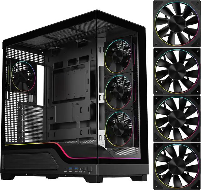 Alt view image 2 of 17 - DIYPC IDX5-BK-ARGB Black Dual USB3.0/Type C Tempered Glass ATX Gaming Computer Case w/ Dual Tempered Glass Panel and 4 x ARGB PWM Ring Fans (Pre-Installed)