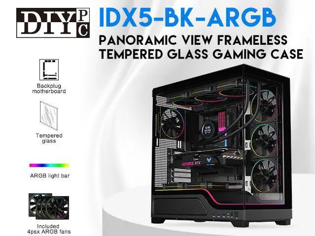 Alt view image 3 of 17 - DIYPC IDX5-BK-ARGB Black Dual USB3.0/Type C Tempered Glass ATX Gaming Computer Case w/ Dual Tempered Glass Panel and 4 x ARGB PWM Ring Fans (Pre-Installed)