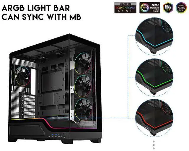 Alt view image 4 of 17 - DIYPC IDX5-BK-ARGB Black Dual USB3.0/Type C Tempered Glass ATX Gaming Computer Case w/ Dual Tempered Glass Panel and 4 x ARGB PWM Ring Fans (Pre-Installed)