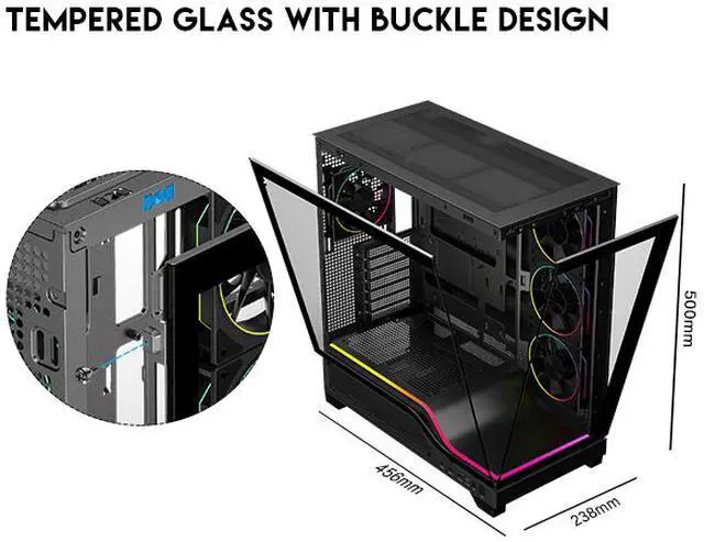 Alt view image 5 of 17 - DIYPC IDX5-BK-ARGB Black Dual USB3.0/Type C Tempered Glass ATX Gaming Computer Case w/ Dual Tempered Glass Panel and 4 x ARGB PWM Ring Fans (Pre-Installed)