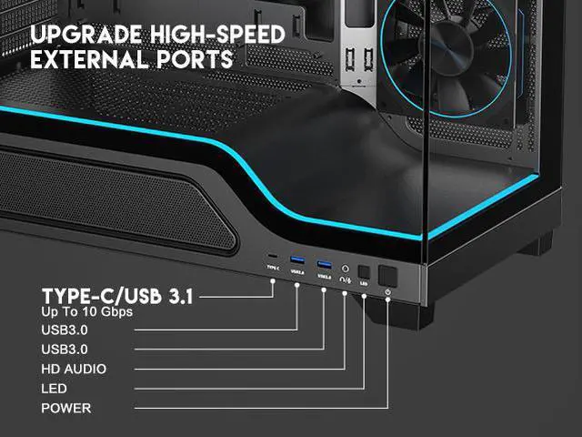 Alt view image 6 of 17 - DIYPC IDX5-BK-ARGB Black Dual USB3.0/Type C Tempered Glass ATX Gaming Computer Case w/ Dual Tempered Glass Panel and 4 x ARGB PWM Ring Fans (Pre-Installed)