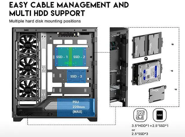 Alt view image 9 of 17 - DIYPC IDX5-BK-ARGB Black Dual USB3.0/Type C Tempered Glass ATX Gaming Computer Case w/ Dual Tempered Glass Panel and 4 x ARGB PWM Ring Fans (Pre-Installed)