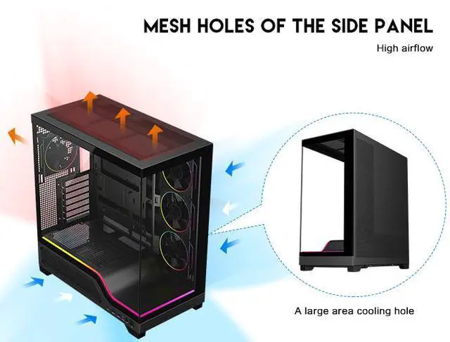Alt view image 10 of 17 - DIYPC IDX5-BK-ARGB Black Dual USB3.0/Type C Tempered Glass ATX Gaming Computer Case w/ Dual Tempered Glass Panel and 4 x ARGB PWM Ring Fans (Pre-Installed)