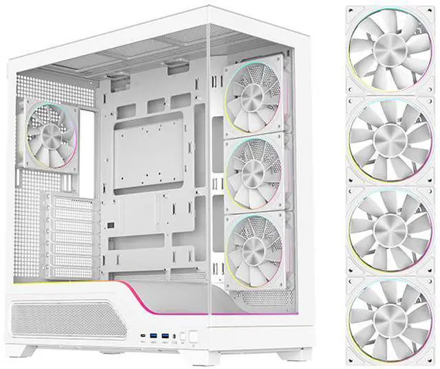 Main image of DIYPC IDX5-W-ARGB White Dual USB3.0/ 1 x Type C Tempered Glass ATX Gaming Computer Case w/ Dual Tempered Glass Panel and 4 x ARGB PWM Fans (Pre-Installed)