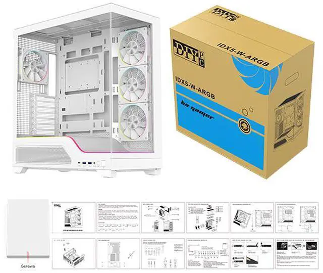 Alt view image 19 of 19 - DIYPC IDX5-W-ARGB White Dual USB3.0/ 1 x Type C Tempered Glass ATX Gaming Computer Case w/ Dual Tempered Glass Panel and 4 x ARGB PWM Fans (Pre-Installed)