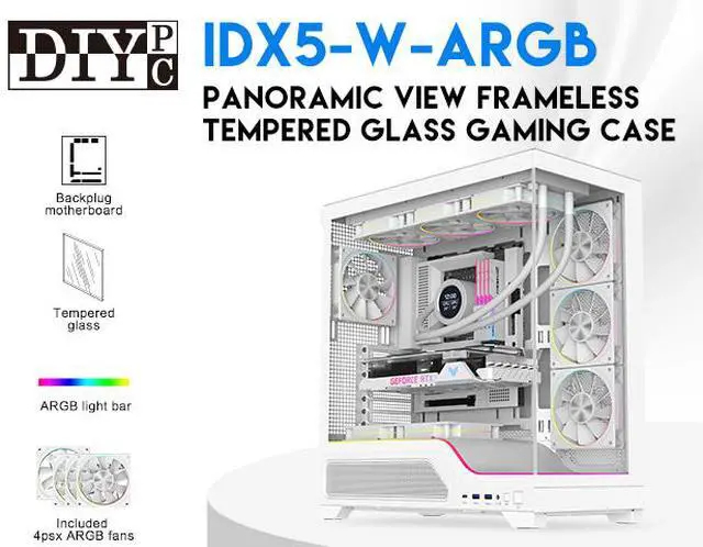 Alt view image 2 of 19 - DIYPC IDX5-W-ARGB White Dual USB3.0/ 1 x Type C Tempered Glass ATX Gaming Computer Case w/ Dual Tempered Glass Panel and 4 x ARGB PWM Fans (Pre-Installed)