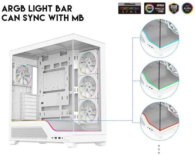 Alt view image 3 of 19 - DIYPC IDX5-W-ARGB White Dual USB3.0/ 1 x Type C Tempered Glass ATX Gaming Computer Case w/ Dual Tempered Glass Panel and 4 x ARGB PWM Fans (Pre-Installed)