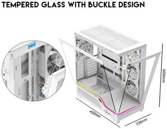 Alt view image 4 of 19 - DIYPC IDX5-W-ARGB White Dual USB3.0/ 1 x Type C Tempered Glass ATX Gaming Computer Case w/ Dual Tempered Glass Panel and 4 x ARGB PWM Fans (Pre-Installed)