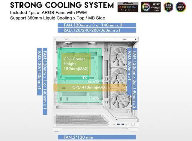 Alt view image 6 of 19 - DIYPC IDX5-W-ARGB White Dual USB3.0/ 1 x Type C Tempered Glass ATX Gaming Computer Case w/ Dual Tempered Glass Panel and 4 x ARGB PWM Fans (Pre-Installed)