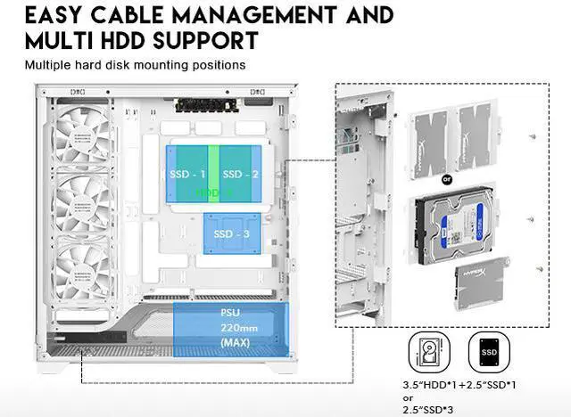 Alt view image 8 of 19 - DIYPC IDX5-W-ARGB White Dual USB3.0/ 1 x Type C Tempered Glass ATX Gaming Computer Case w/ Dual Tempered Glass Panel and 4 x ARGB PWM Fans (Pre-Installed)