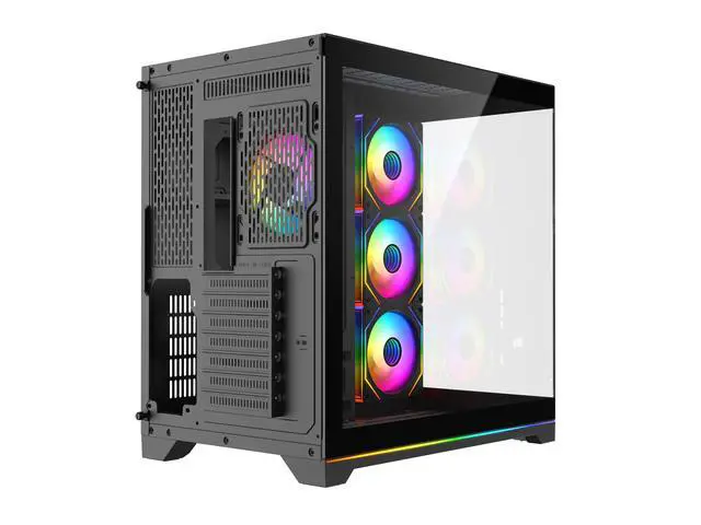 Alt view image 7 of 8 - DIYPC ARGB-DC200-BK Black Dual USB3.0 Tempered Glass ATX Gaming Computer Case w/ 4 x ARGB PWM Fans (Pre-Installed) and ARGB Light Strip at Bottom.