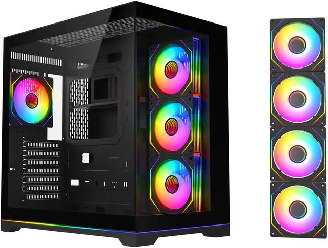 Main image of DIYPC ARGB-DC200-BK Black Dual USB3.0 Tempered Glass ATX Gaming Computer Case w/ 4 x ARGB PWM Fans (Pre-Installed) and ARGB Light Strip at Bottom.