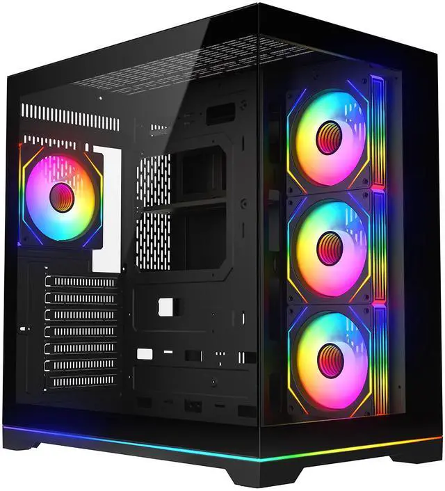 Main image of DIYPC ARGB-DC200-BK Black Dual USB3.0 Tempered Glass ATX Gaming Computer Case w/ 4 x ARGB PWM Fans (Pre-Installed) and ARGB Light Strip at Bottom.
