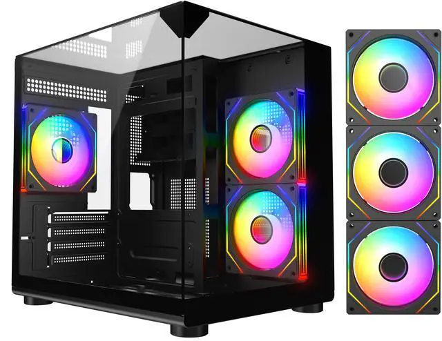 Main image of DIYPC ARGB-DC100-BK Black Dual USB3.0 Tempered Glass Micro ATX Gaming Computer Case w/ 3 x ARGB PWM Fans (Pre-Installed)