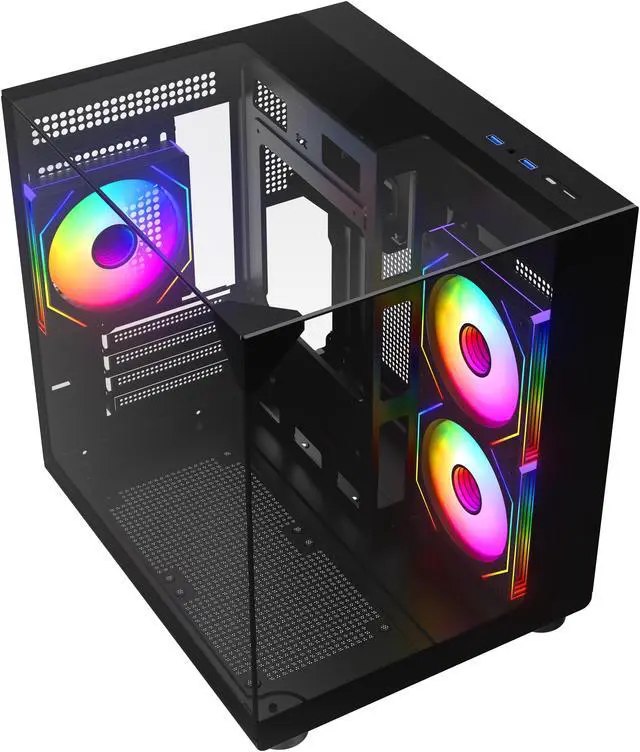 Alt view image 3 of 11 - DIYPC ARGB-DC100-BK Black Dual USB3.0 Tempered Glass Micro ATX Gaming Computer Case w/ 3 x ARGB PWM Fans (Pre-Installed)