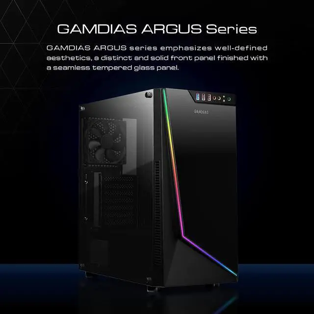 Alt view image 2 of 7 - Gamdias ARGUS M1 Black Steel / Plastic / Tempered Glass ATX Mid Tower Computer Case