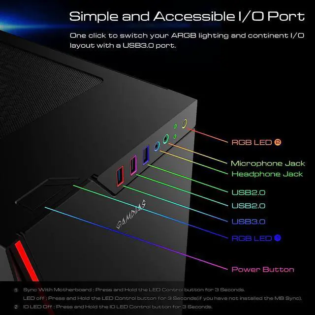 Alt view image 6 of 7 - Gamdias ARGUS M1 Black Steel / Plastic / Tempered Glass ATX Mid Tower Computer Case
