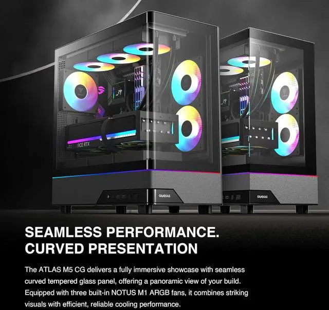 Alt view image 2 of 11 - GAMDIAS Atlas M5 CG ATX Mid Tower PC Case, Curved Tempered Glass Panoramic Design, 3 Built-in ARGB PWM Fans, Type-C Ready, 425mm GPU Support, High Airflow Gaming Case