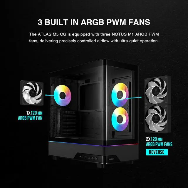 Alt view image 5 of 11 - GAMDIAS Atlas M5 CG ATX Mid Tower PC Case, Curved Tempered Glass Panoramic Design, 3 Built-in ARGB PWM Fans, Type-C Ready, 425mm GPU Support, High Airflow Gaming Case