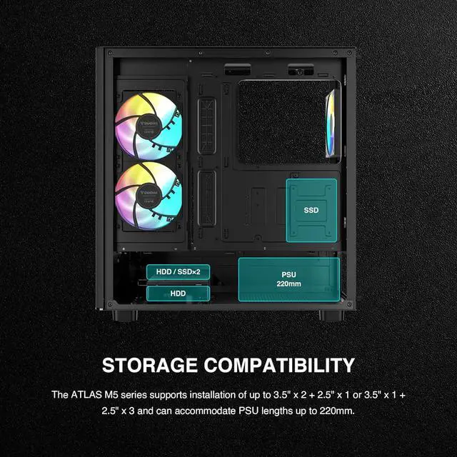 Alt view image 8 of 11 - GAMDIAS Atlas M5 CG ATX Mid Tower PC Case, Curved Tempered Glass Panoramic Design, 3 Built-in ARGB PWM Fans, Type-C Ready, 425mm GPU Support, High Airflow Gaming Case
