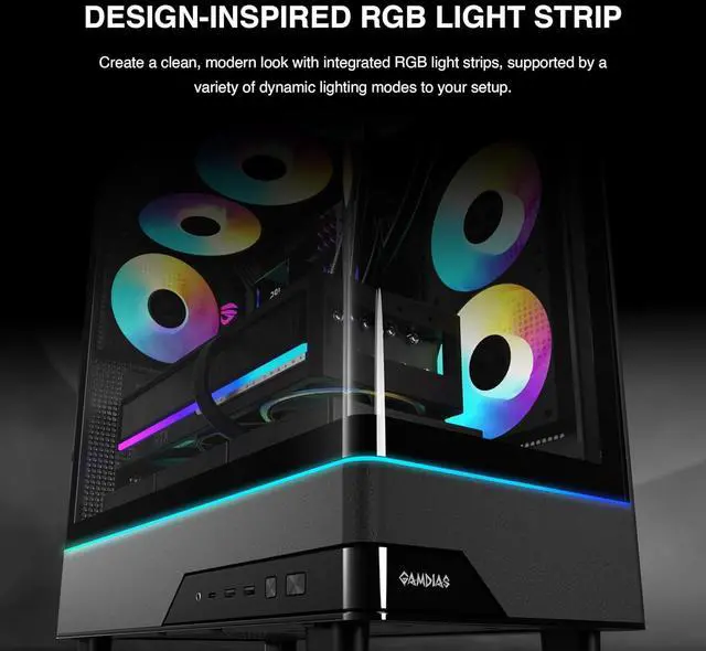 Alt view image 9 of 11 - GAMDIAS Atlas M5 CG ATX Mid Tower PC Case, Curved Tempered Glass Panoramic Design, 3 Built-in ARGB PWM Fans, Type-C Ready, 425mm GPU Support, High Airflow Gaming Case